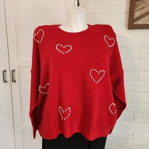 Vince Camuto Red Heart Sweater NWT Size XXL Pearl Detail